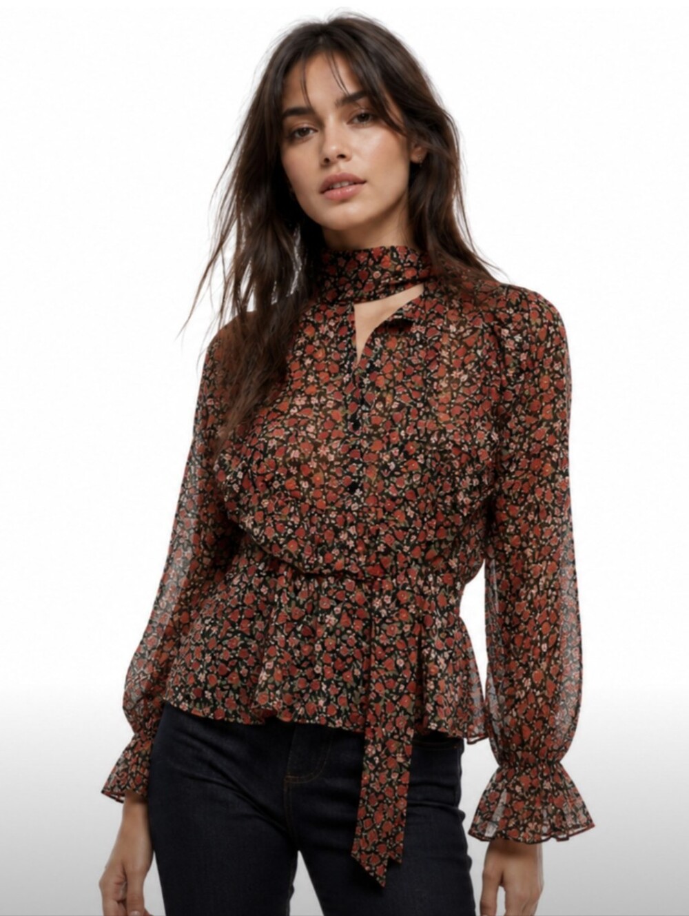 Zara Tie Neck Ruffle Floral Semi Sheer Chiffon Print Blouse Size XS